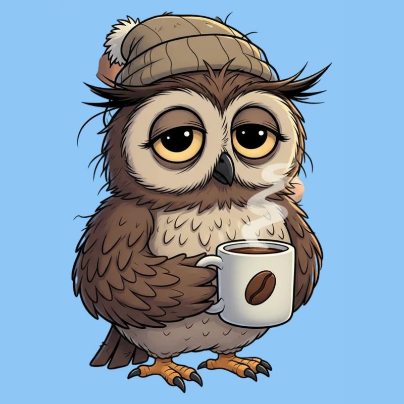 Verschlafene Eule Mit Kaffeetasse Cartoon