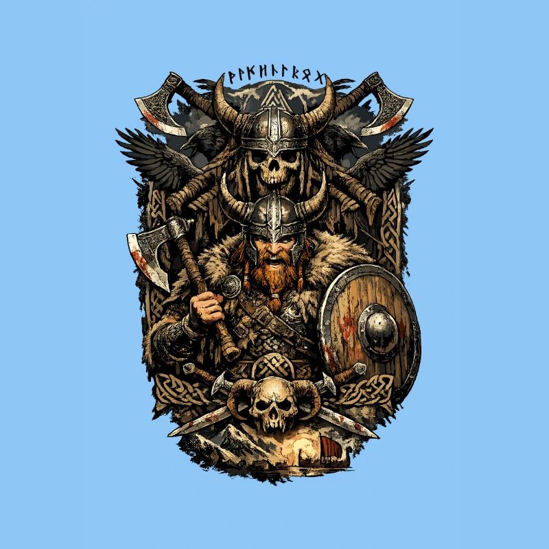 Viking Krieger mit Schädel und Äxten