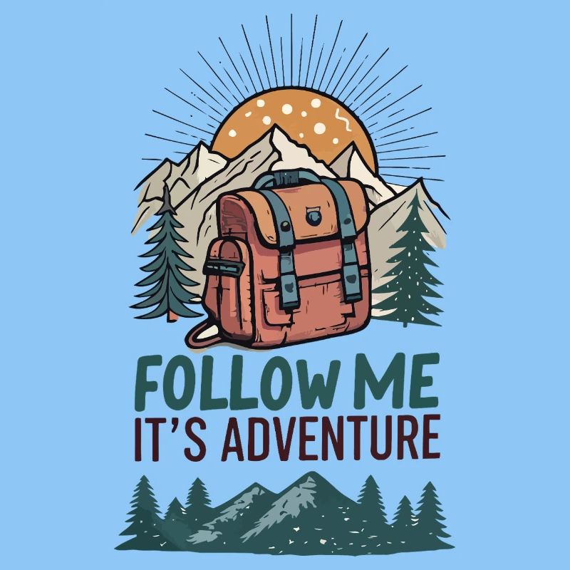 Backpack and mountains with adventure slogan