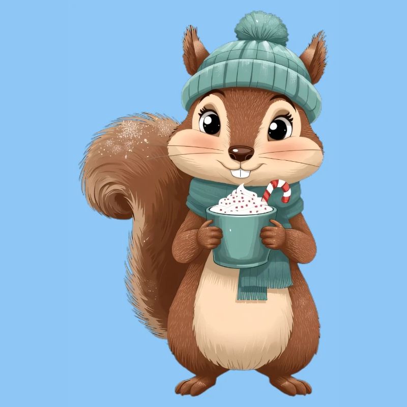 Winterliches Eichhörnchen mit Heißgetränk
