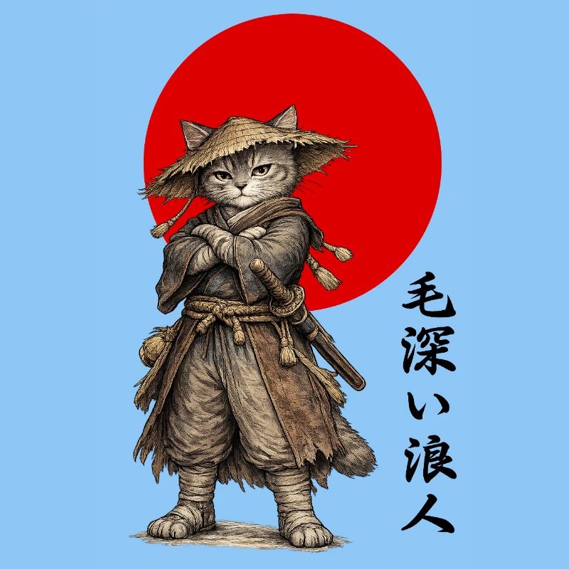 Katzen-Ronin-Samurai unter roter Sonne