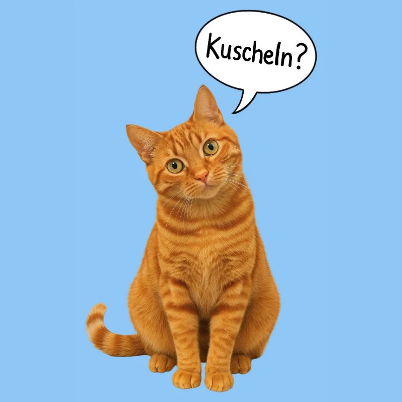 Red cat with tilted head asks: "Cuddle?"