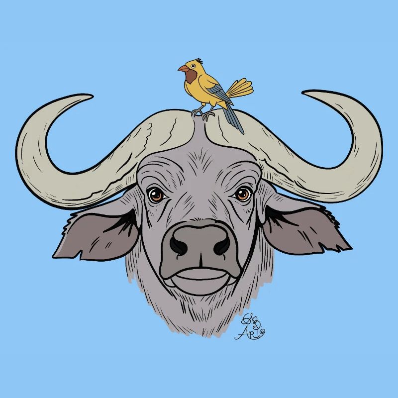 Stämmiger Büffel mit Singvogel