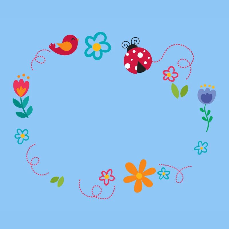 Round frame with flowers, ladybug and bird