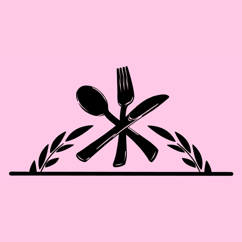 Cutlery menu logo with half laurel wreath.