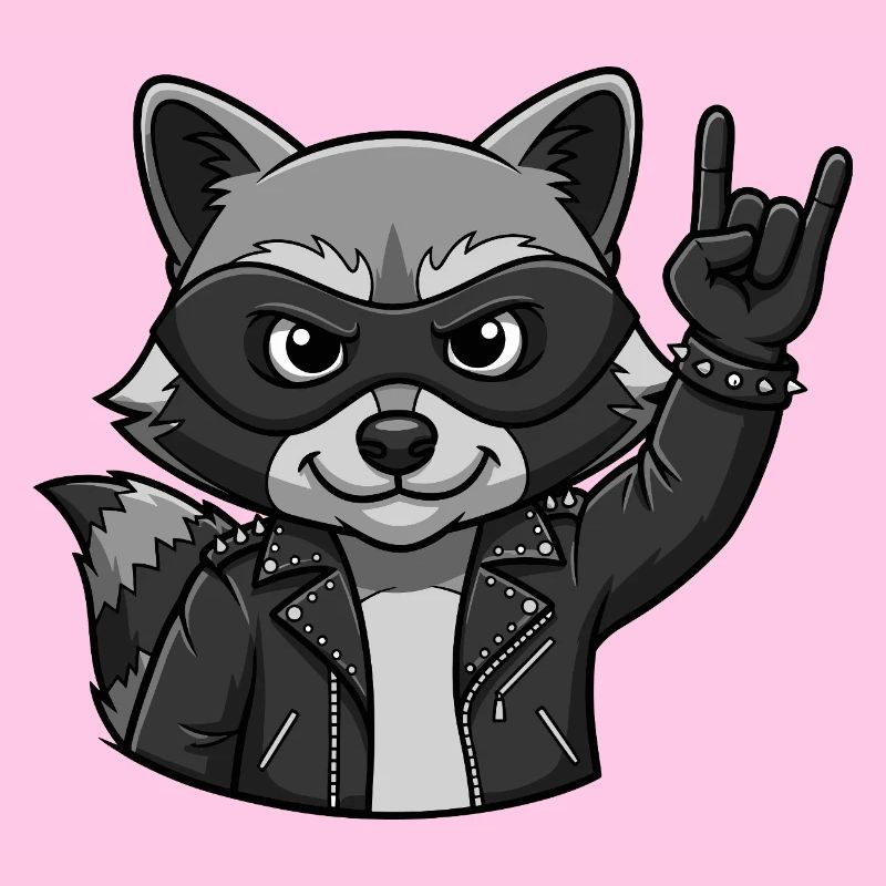 Rocker Waschbär mit Rock On Geste