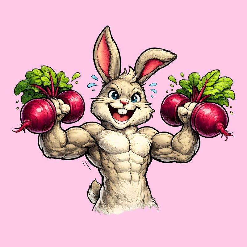 Bunny in the gym with beetroot dumbbells