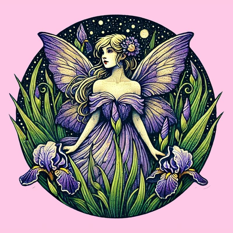 Fée enchantée dans le jardin d'iris