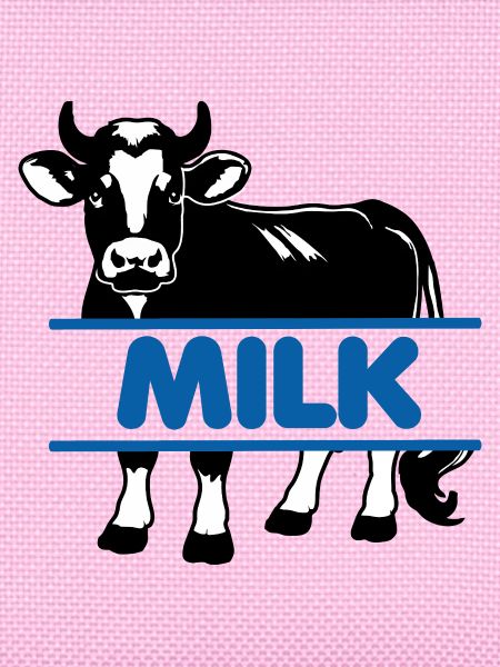 Milchkuh mit blauem Text "MILK"