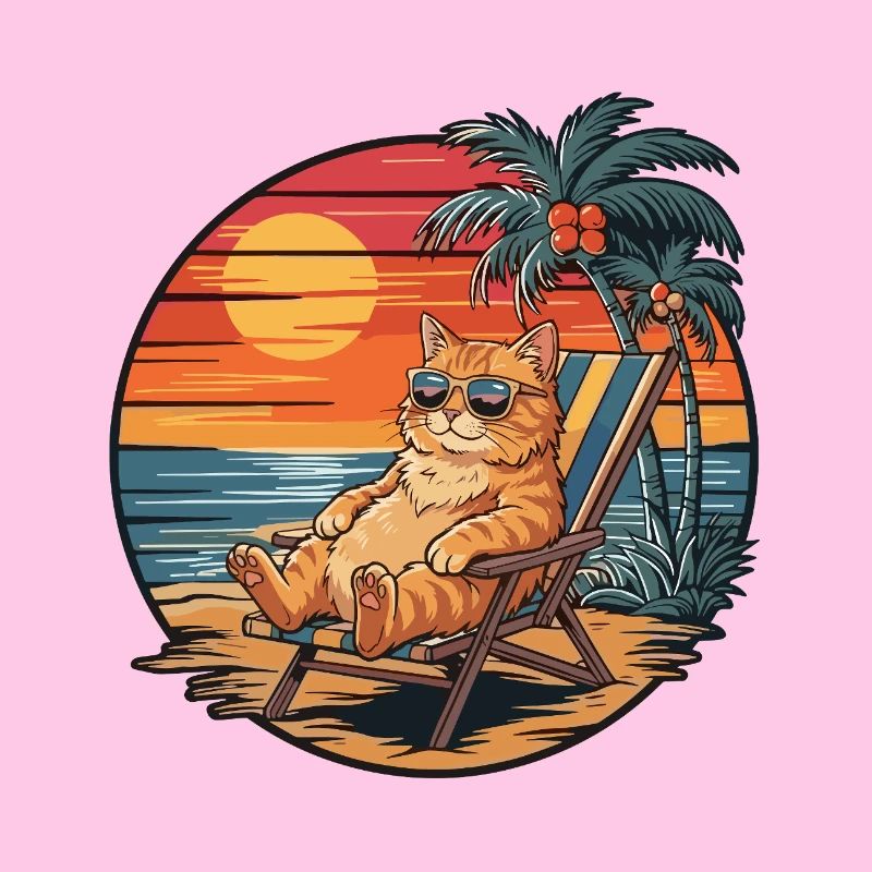 Chat drôle sur le coucher de soleil des vacances d’été sur la plage