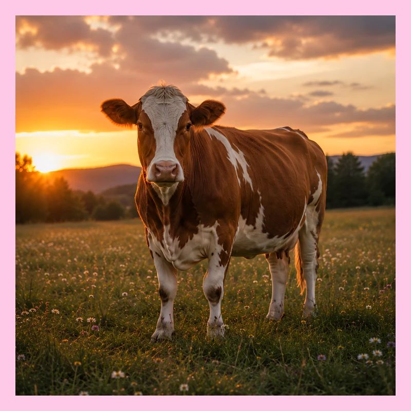 Coucher de soleil et vache dans la prairie