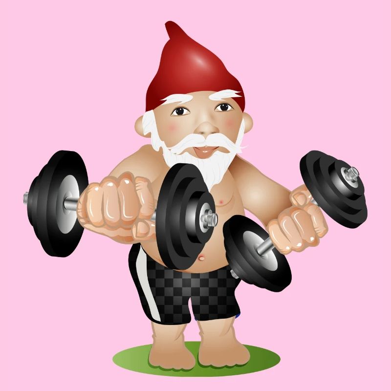 Bodybuilder Gartenzwerg mit Hanteln beim Training