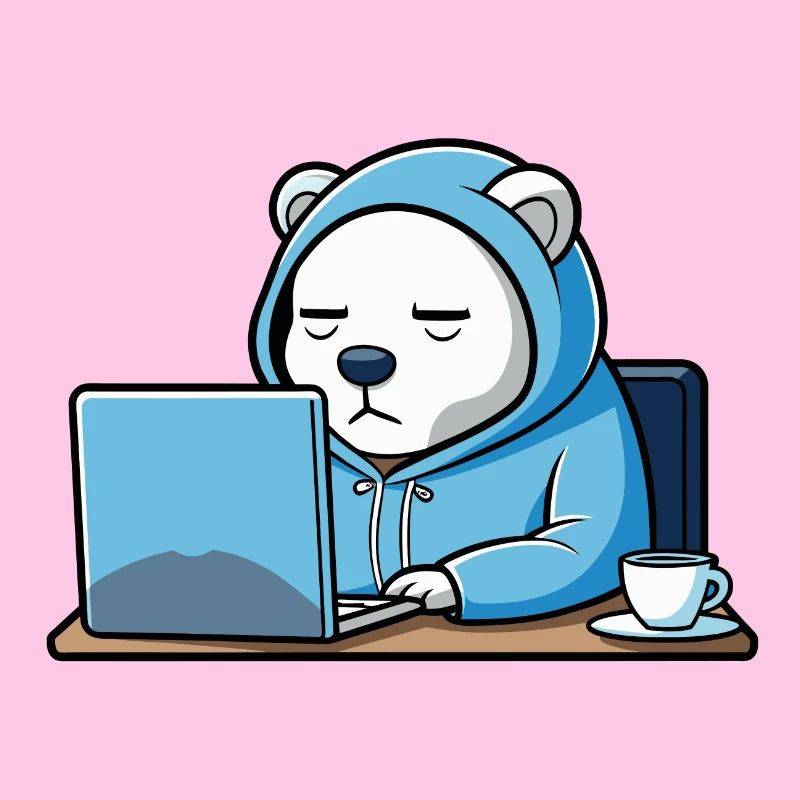 Un ours polaire hacker mignon dort dans un sweat à capuche devant le PC