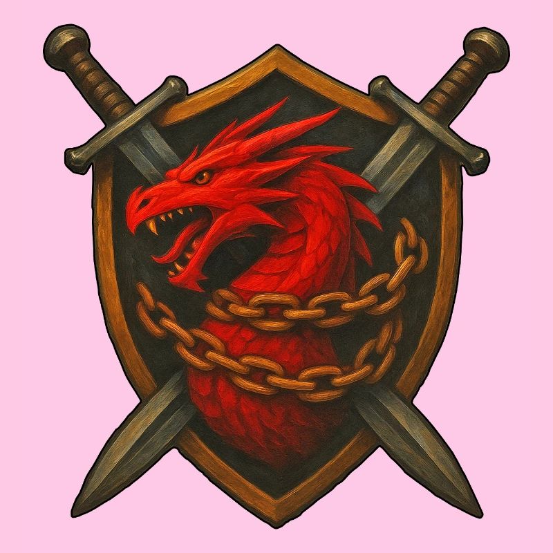Roter Drache auf Schild mit Ketten