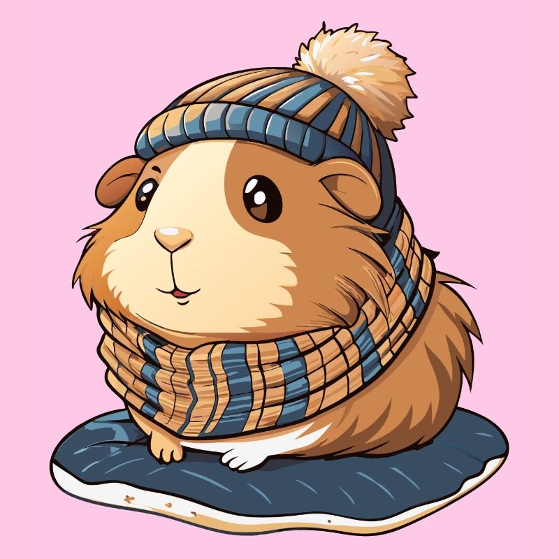 Mignon cochon d’Inde avec écharpe et chapeau à pompon.