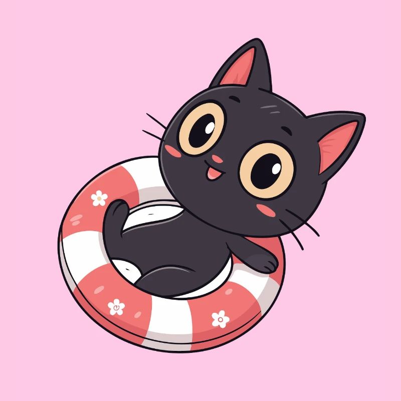 Chat noir sur bouée fleurs