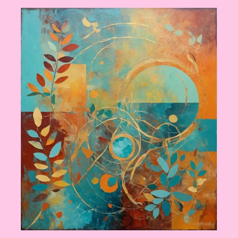 Composition abstraite avec des feuilles et des cercles