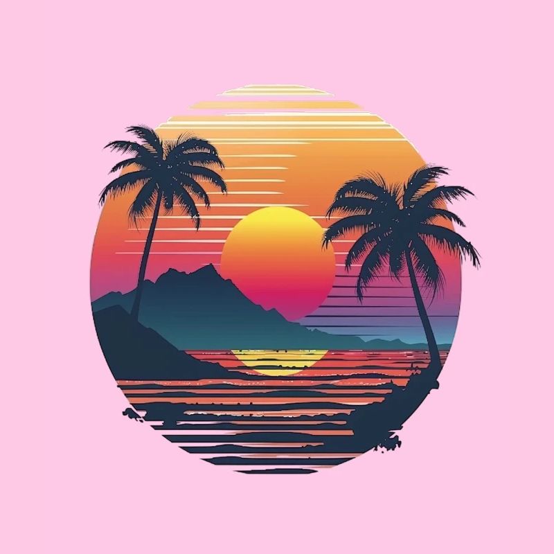 Ocean Palm Trees Vintage Retro Sunset