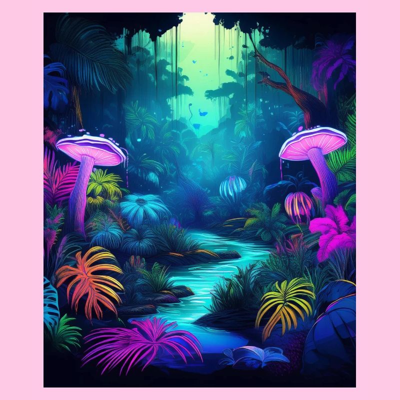 Neon Jungle with Glowing Mushrooms and Plants