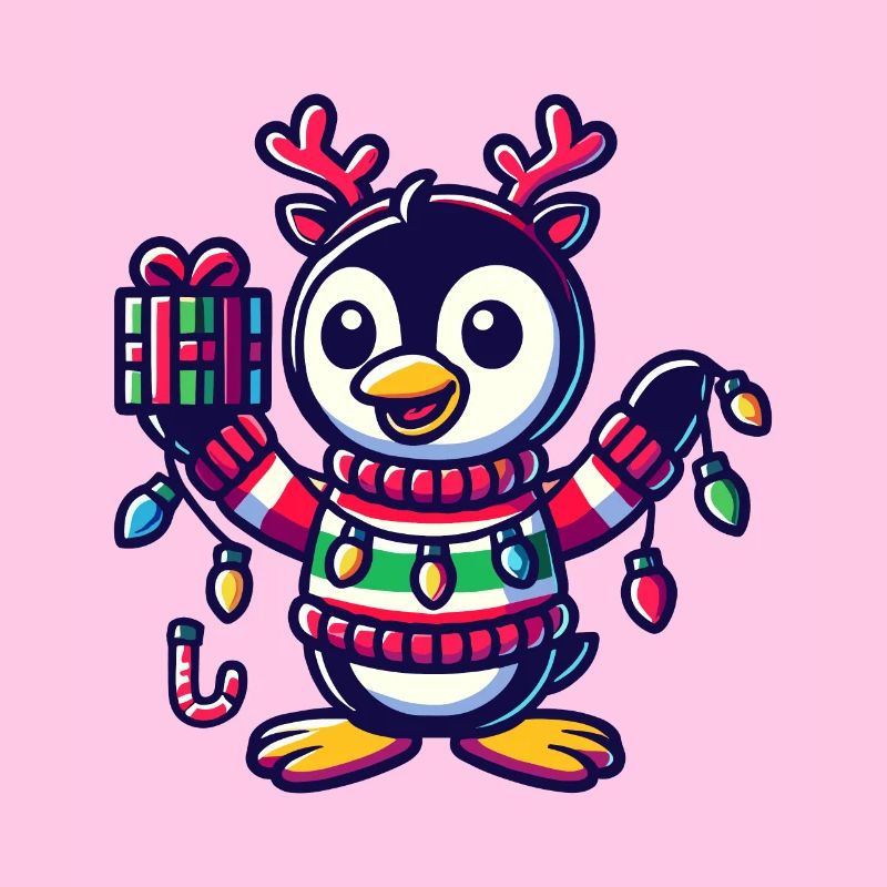 Fröhlicher Pinguin Mit Weihnachtslichtern