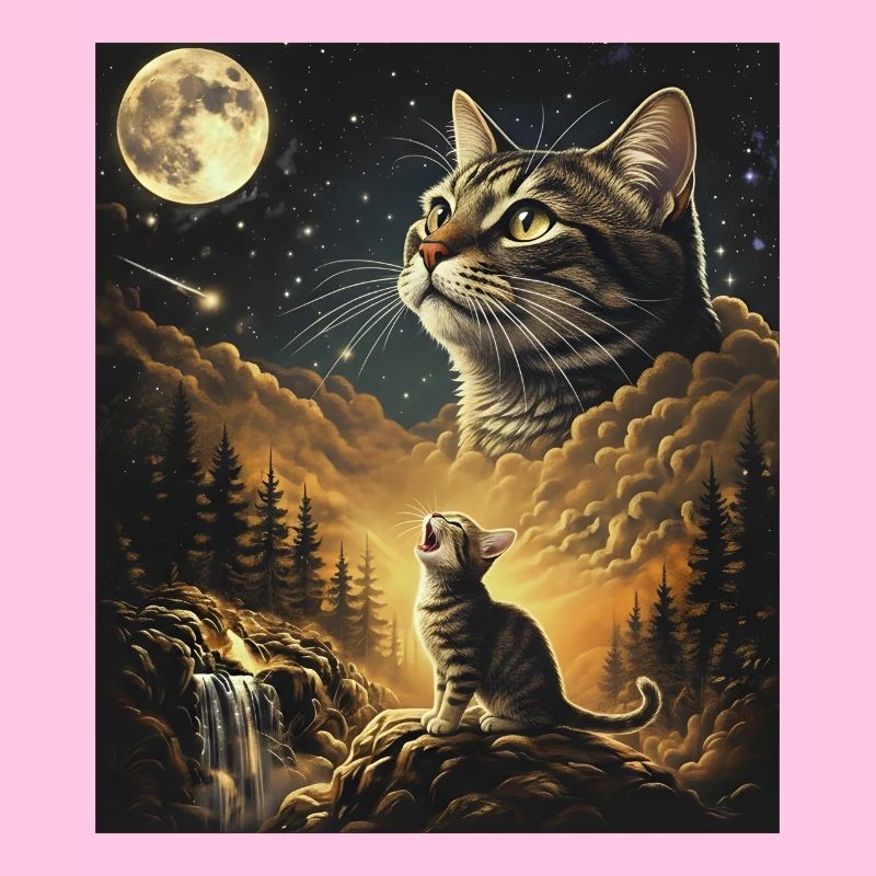 Le chat de la lune au-dessus de la forêt de nuages Le chat hurle à la lune