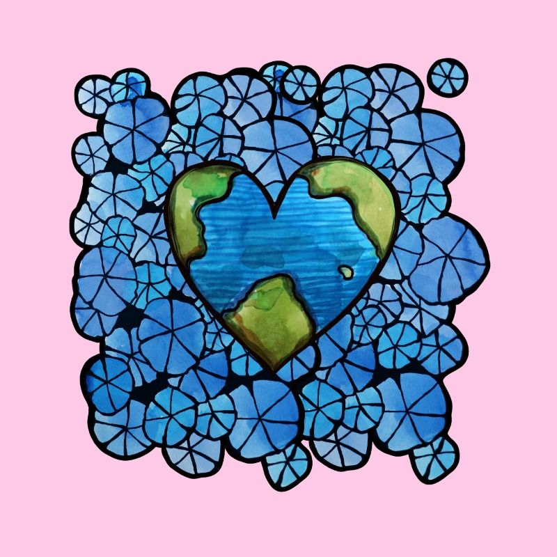 Erdherz in blauer Blumenumlaufbahn