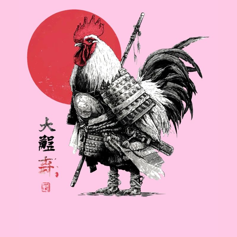 Samurai-Hahn in Rüstung unter roter Sonne