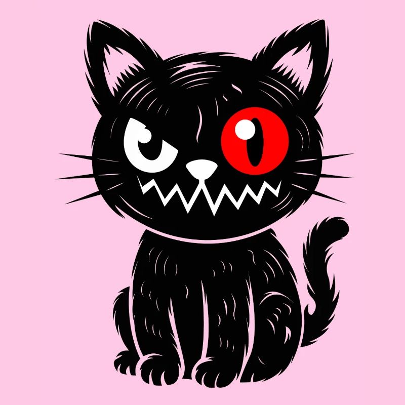Schwarze Katze mit rotem Auge sitzend 