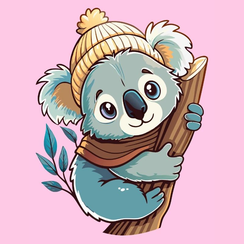 Mignon koala avec écharpe et chapeau à pompon.
