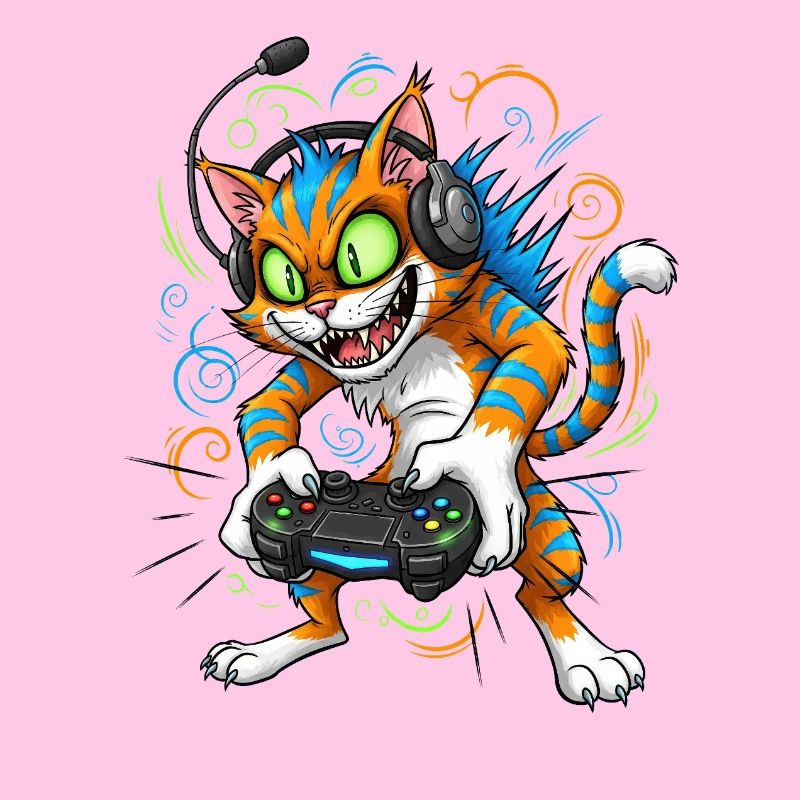 Neon Gaming Katze mit Controller Gamer Kater