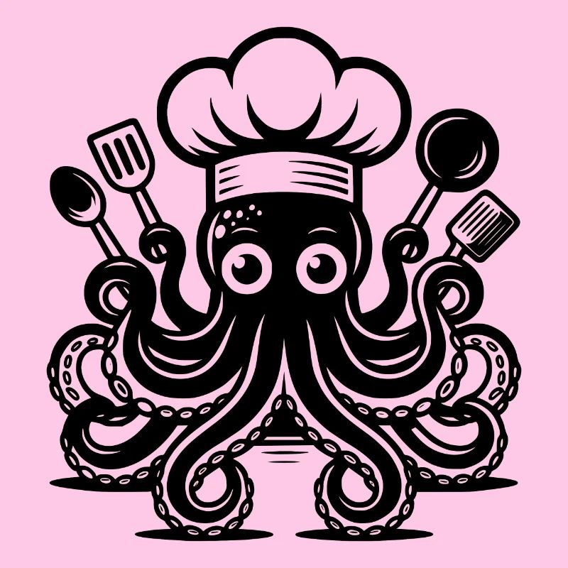Mysterious kitchen octopus with chef's hat