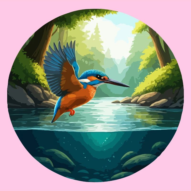 Kingfisher flies above stream