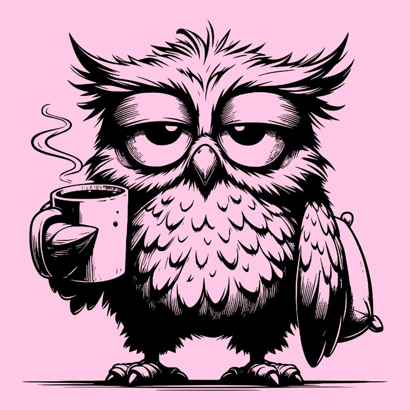 Lustige müde Comic Eule mit Kaffee Defizit