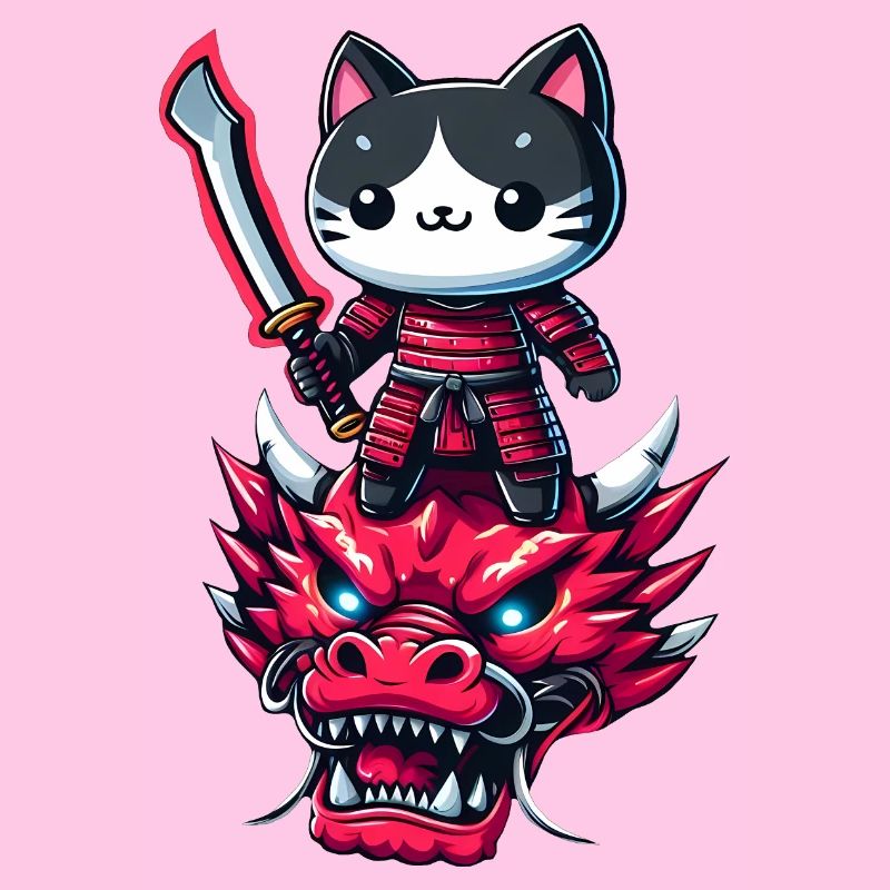 Samurai Cat with Sword on Dragon in Epic 3D Effect