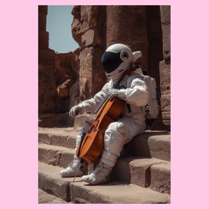 Astronaute avec violoncelle sur des marches antiques