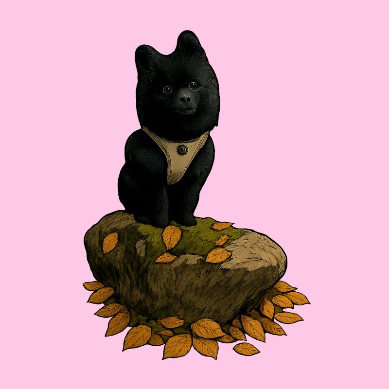 Schwarzer Spitz Hund auf Baumstamm