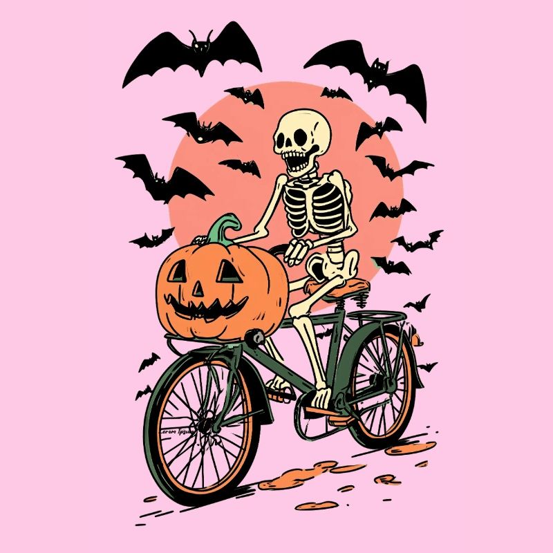 Skeleton on Bicycle with Pumpkin
