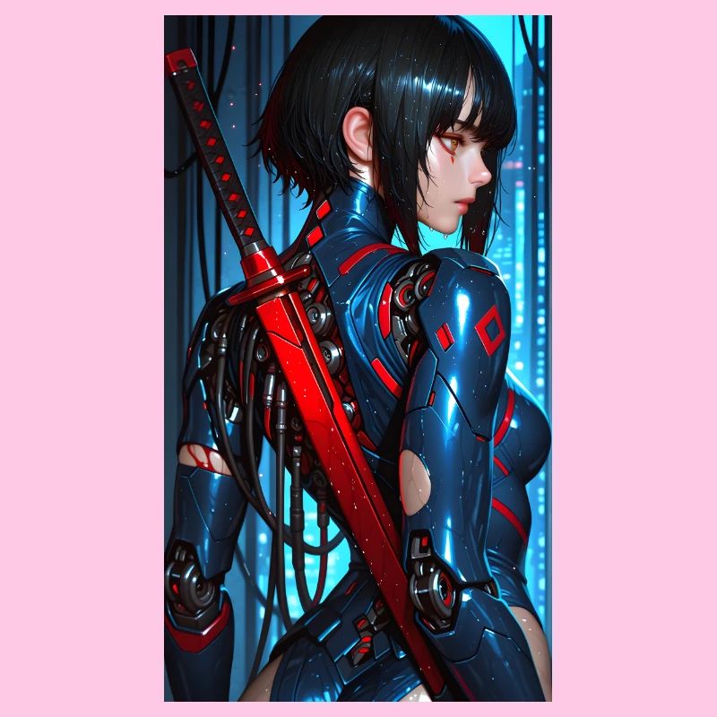 3D Blue/Red Cyberpunk Samurai Warrior with Katana
