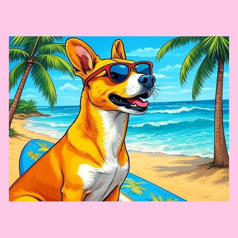 Chien de plage avec planche de surf et lunettes de soleil