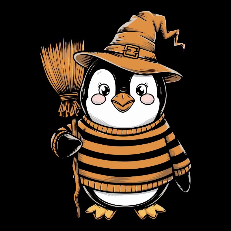 Mignon pingouin Halloween sorcière avec balai