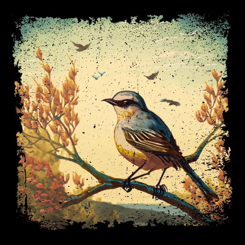 Vogel sitzt auf Ast, mediterraner Hintergrund