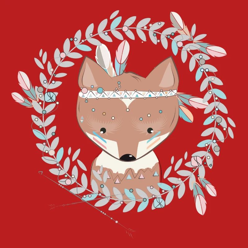small fox with feather decoration in ethno frame