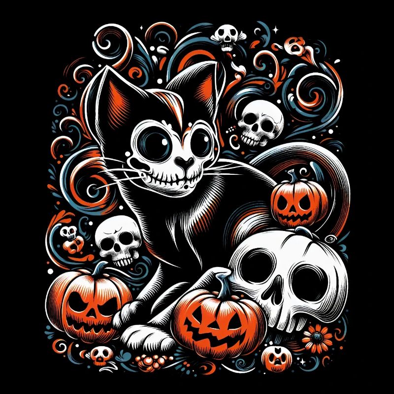 Spooky Cat with Skulls