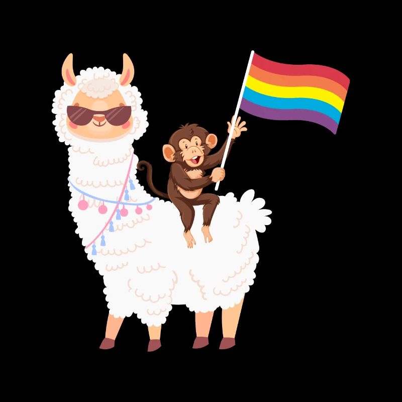 Alpaka mit Äffchen und Regenbogenfahne