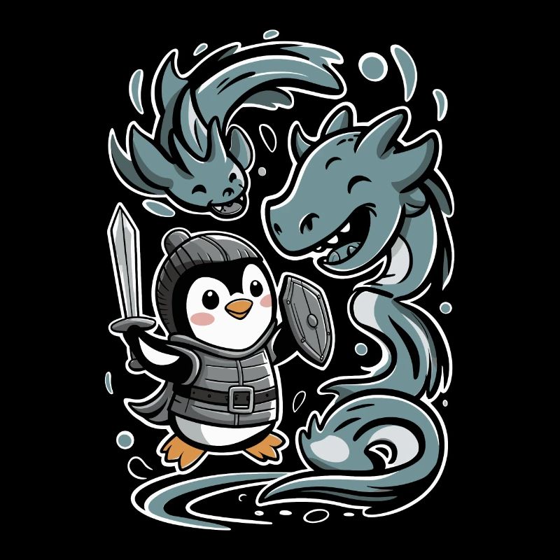 Mignon chevalier pingouin avec des amis dragons