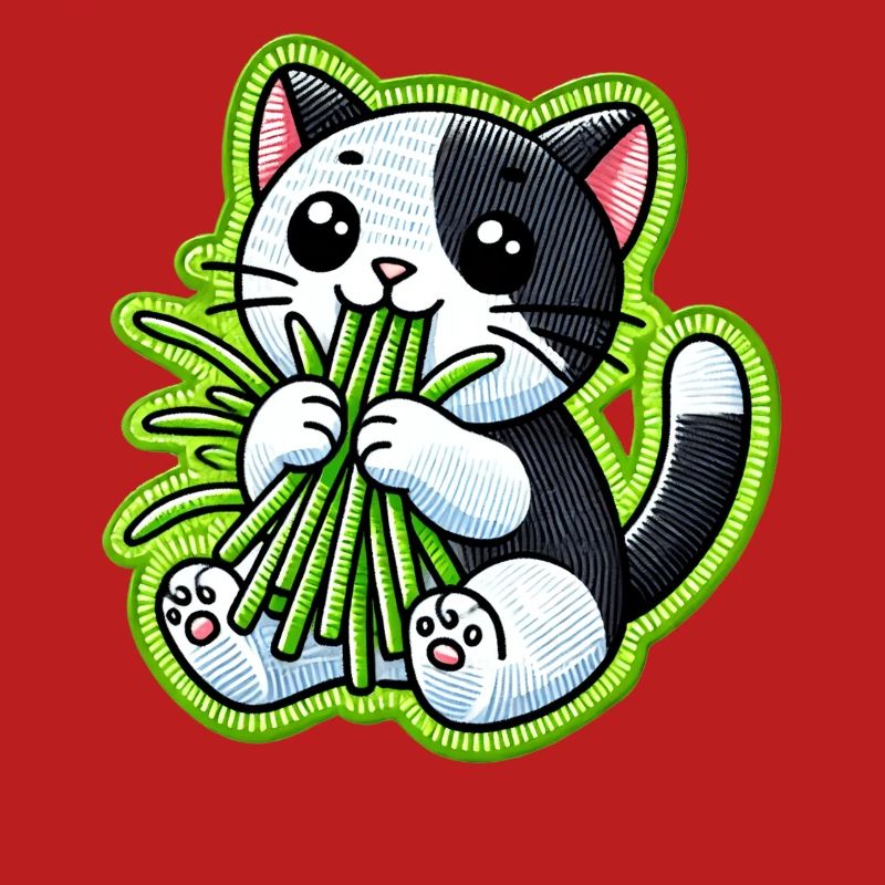 Mignon chat noir et blanc mangeant de l’herbe verte