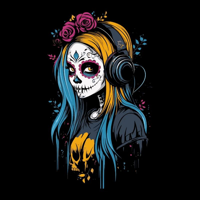 Moderne Catrina mit Kopfhörern Dia de los Muertos