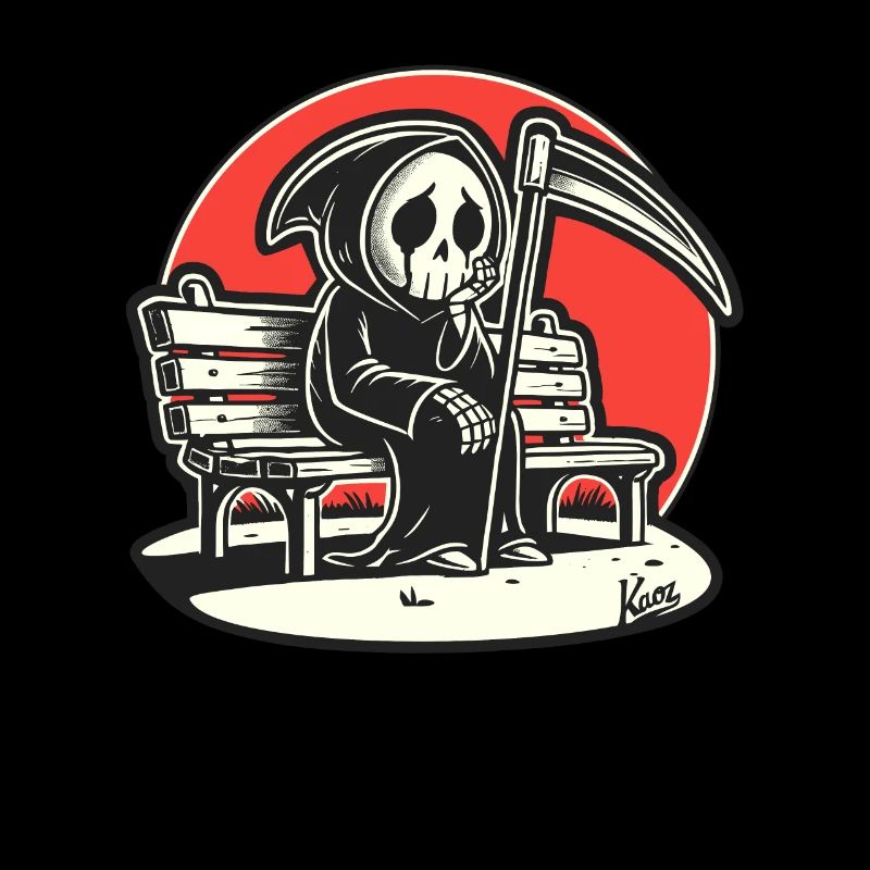 Lonely sad Grim Reaper on park bench