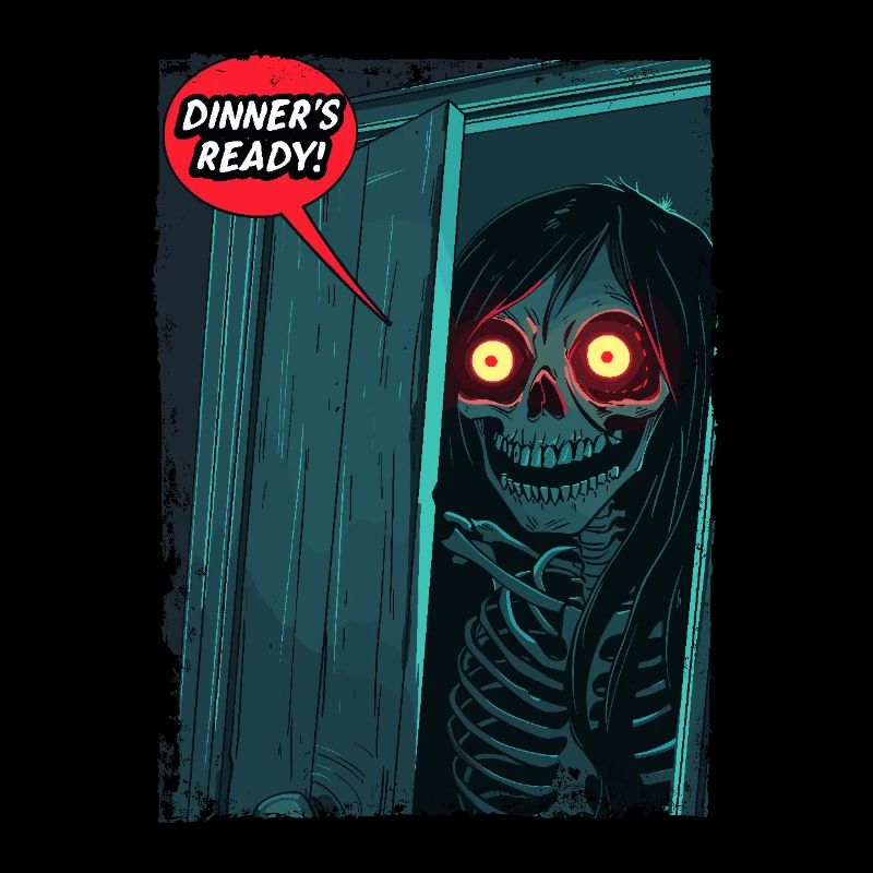 Skeleton horror mom calls: Dinner is ready!