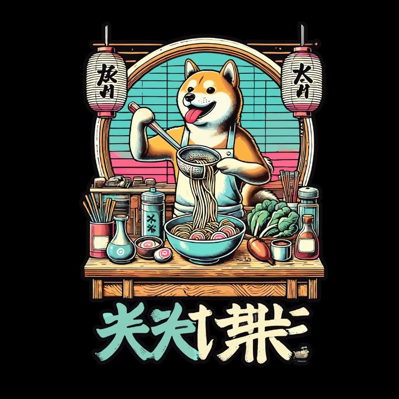 Shiba dog ramen chef in ukiyo-e style with